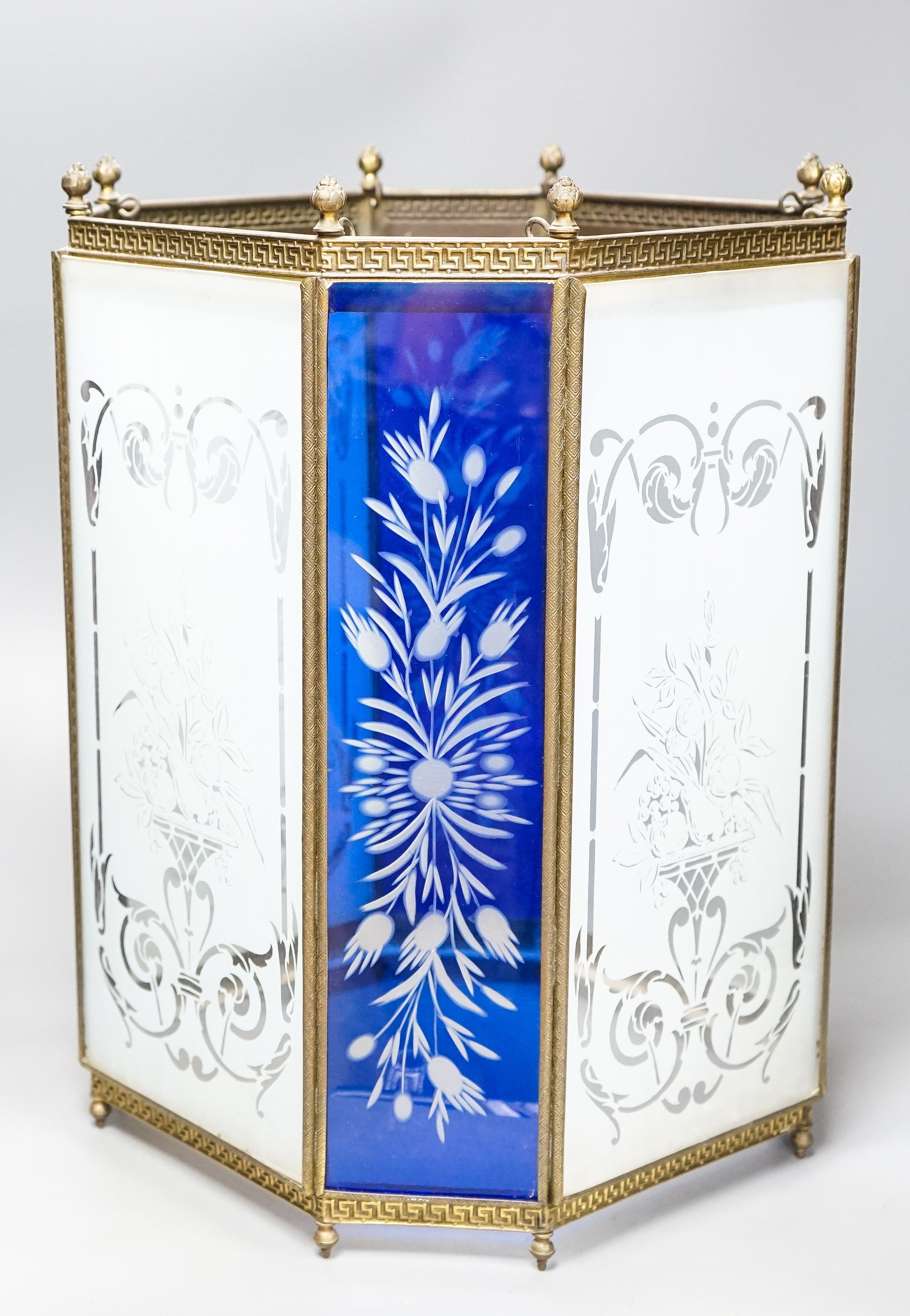An Edwardian brass and stained glass hall lantern, 45cm